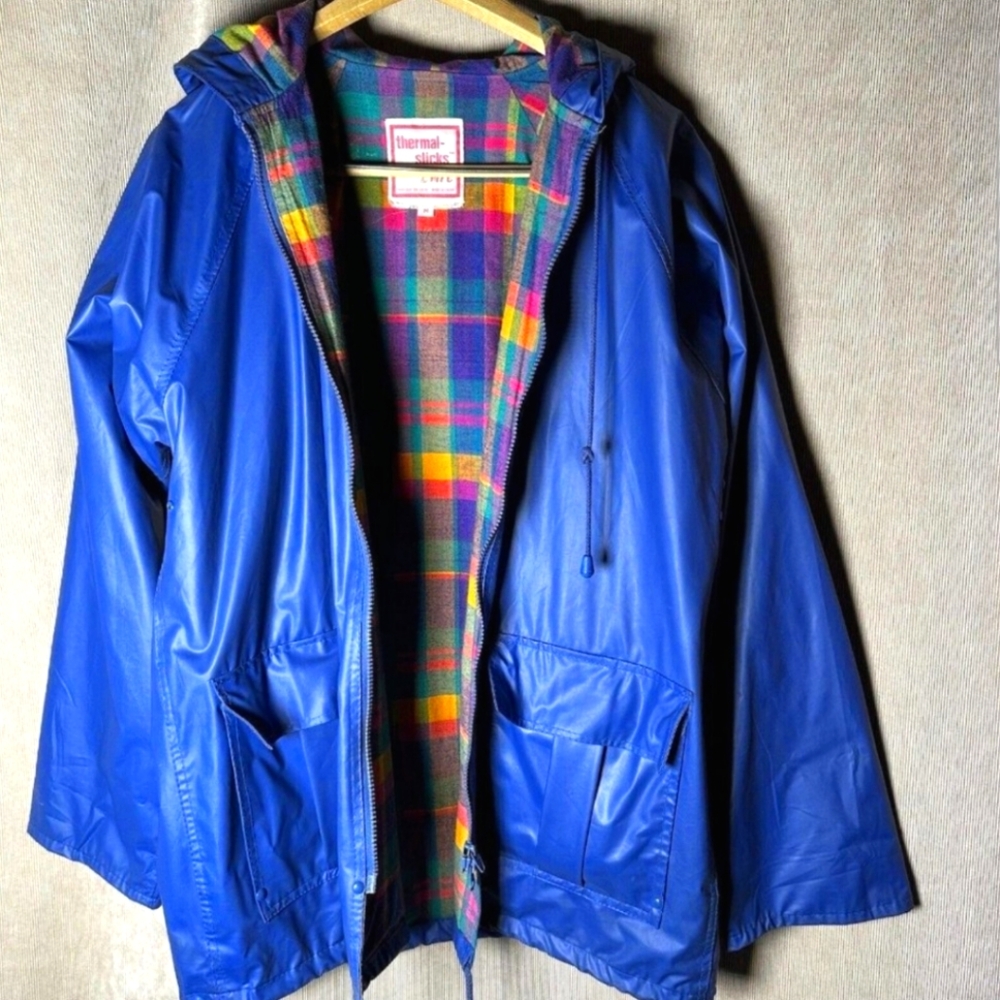 Vintage 60’s 80’s Windbreaker Raincoat Thermal Slicks MTC Hood Plaid Blue Medium